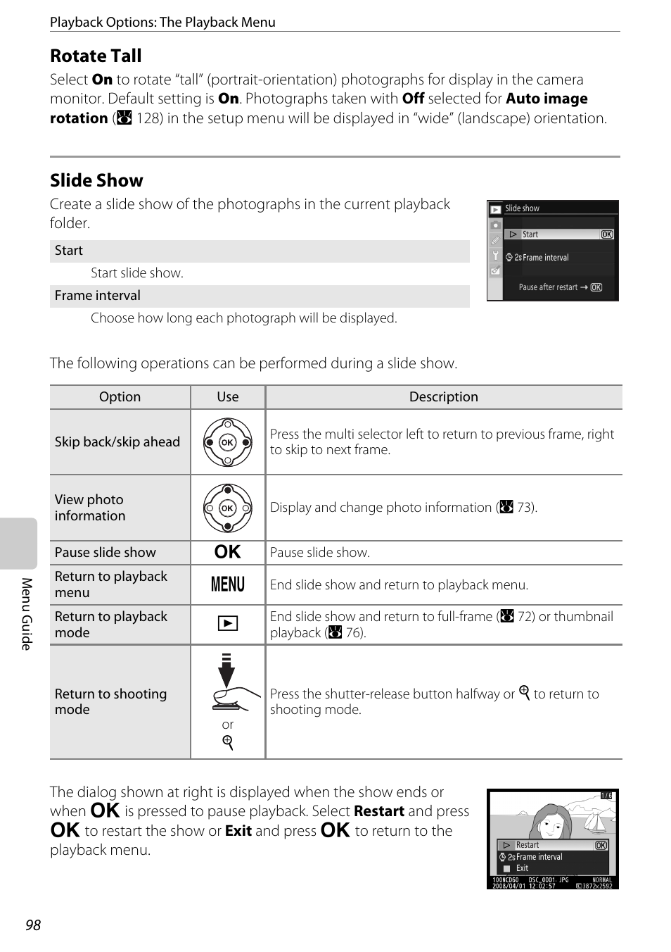 Rotate tall, Slide show, Rotate tall slide show | Setup menu (a 98), Rotate tall (a 98) slide show (a 98), A 98 | Nikon D60 User Manual | Page 110 / 204