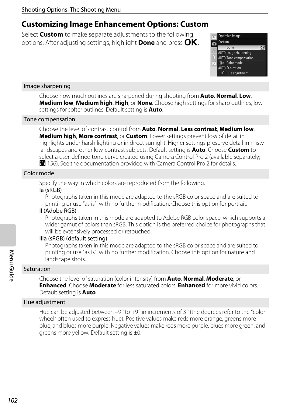 Customizing image enhancement options: custom, A 102) have names, A 102) | Nikon D60 User Manual | Page 114 / 204