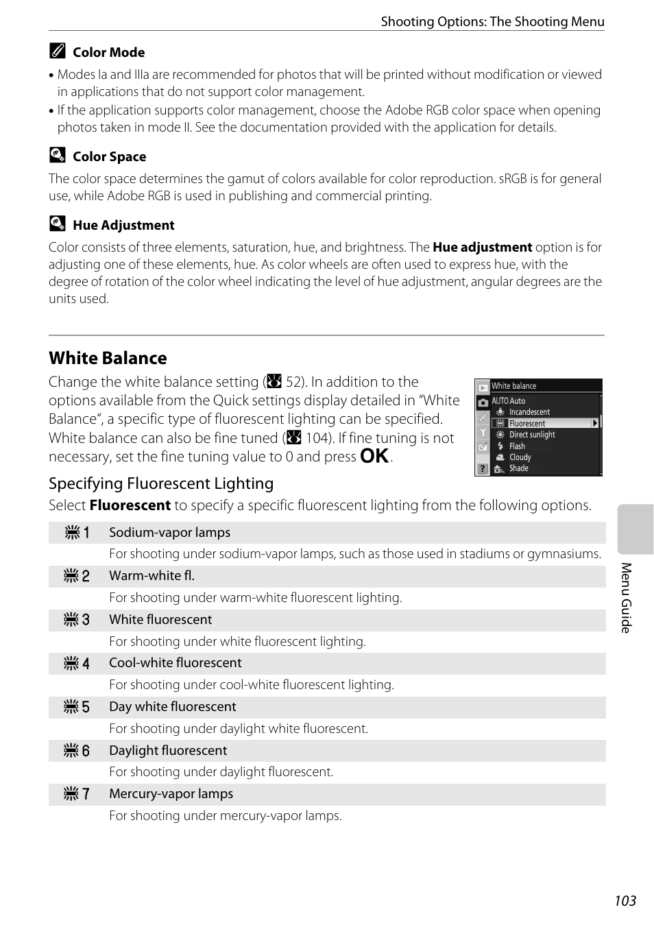 White balance, A 103), A 103) in | Specifying fluorescent lighting | Nikon D60 User Manual | Page 115 / 204