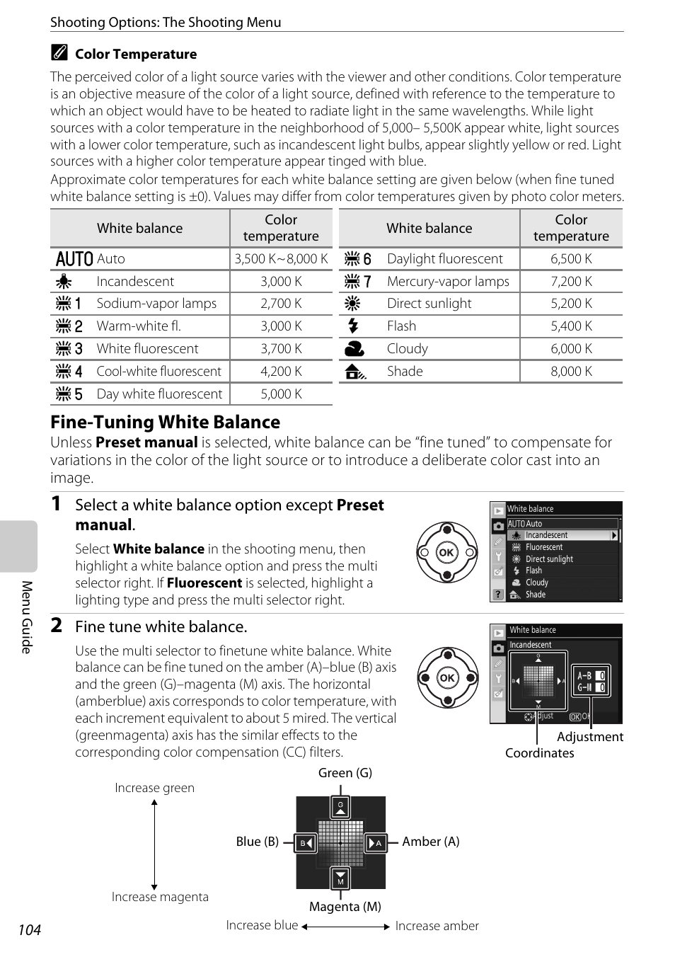 Fine-tuning white balance, Tuning (a 104) reset t | Nikon D60 User Manual | Page 116 / 204