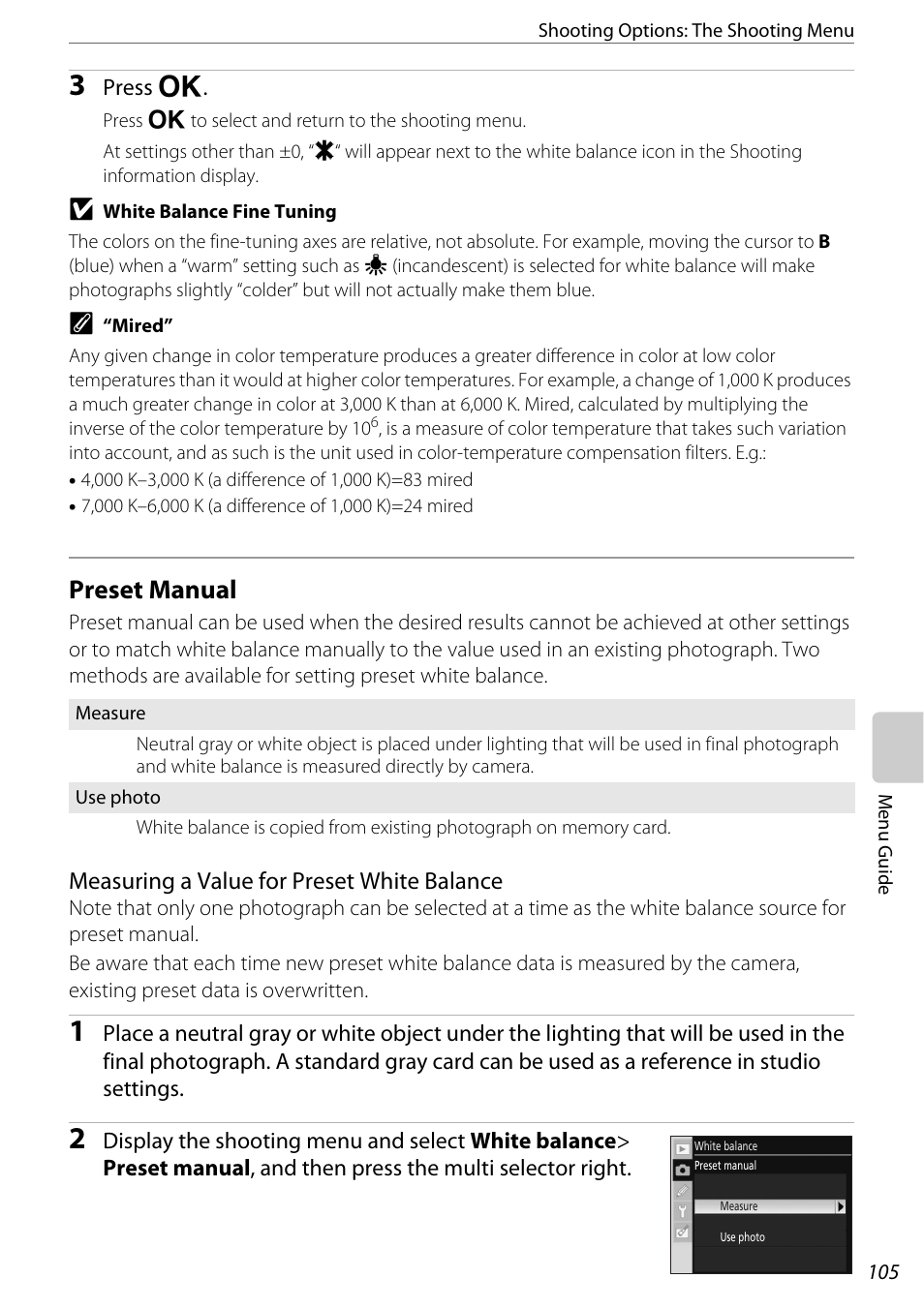 Preset manual, Preset manual” fo, A 105) | Nikon D60 User Manual | Page 117 / 204