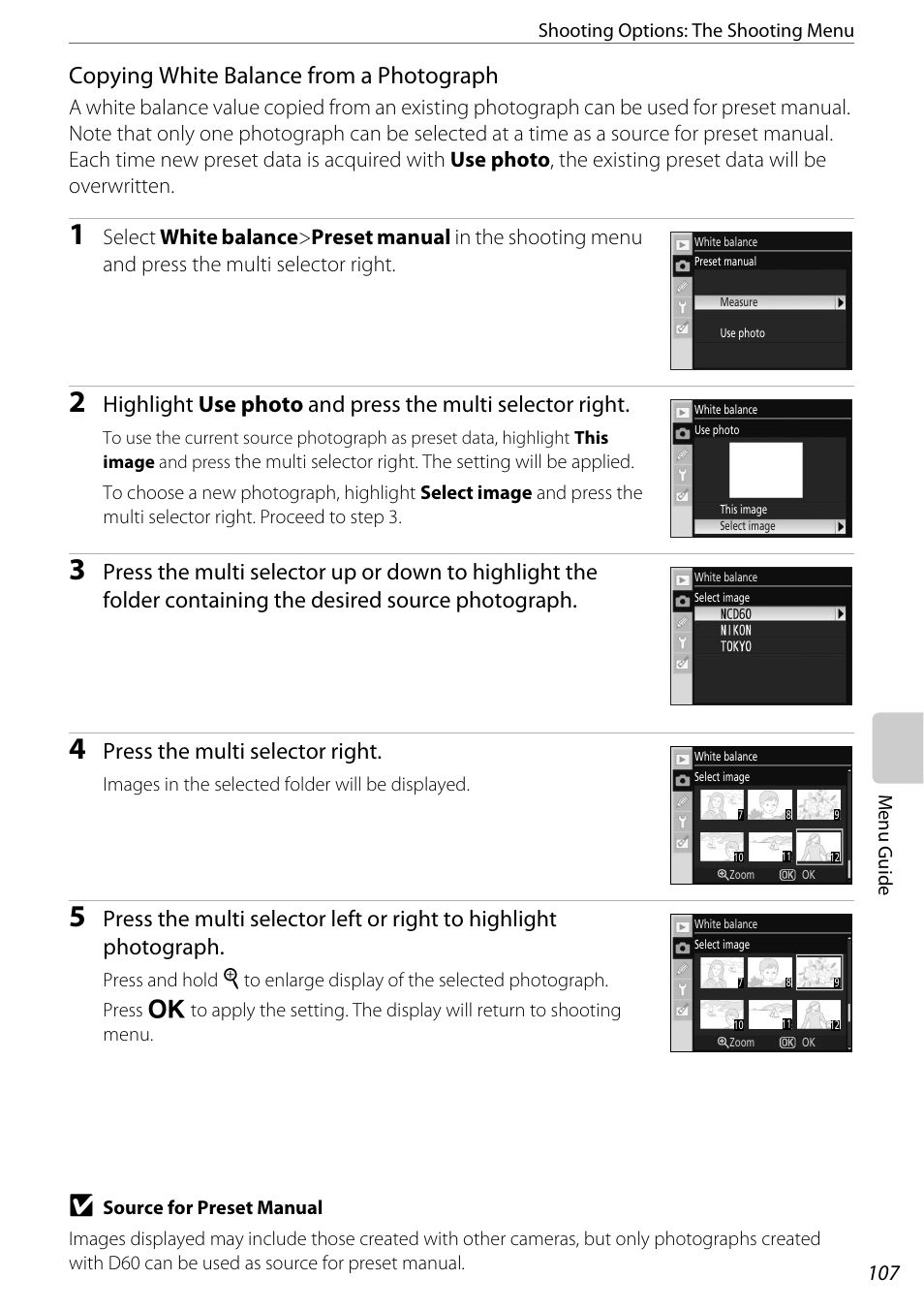 Copying white balance from a photograph, Press the multi selector right | Nikon D60 User Manual | Page 119 / 204