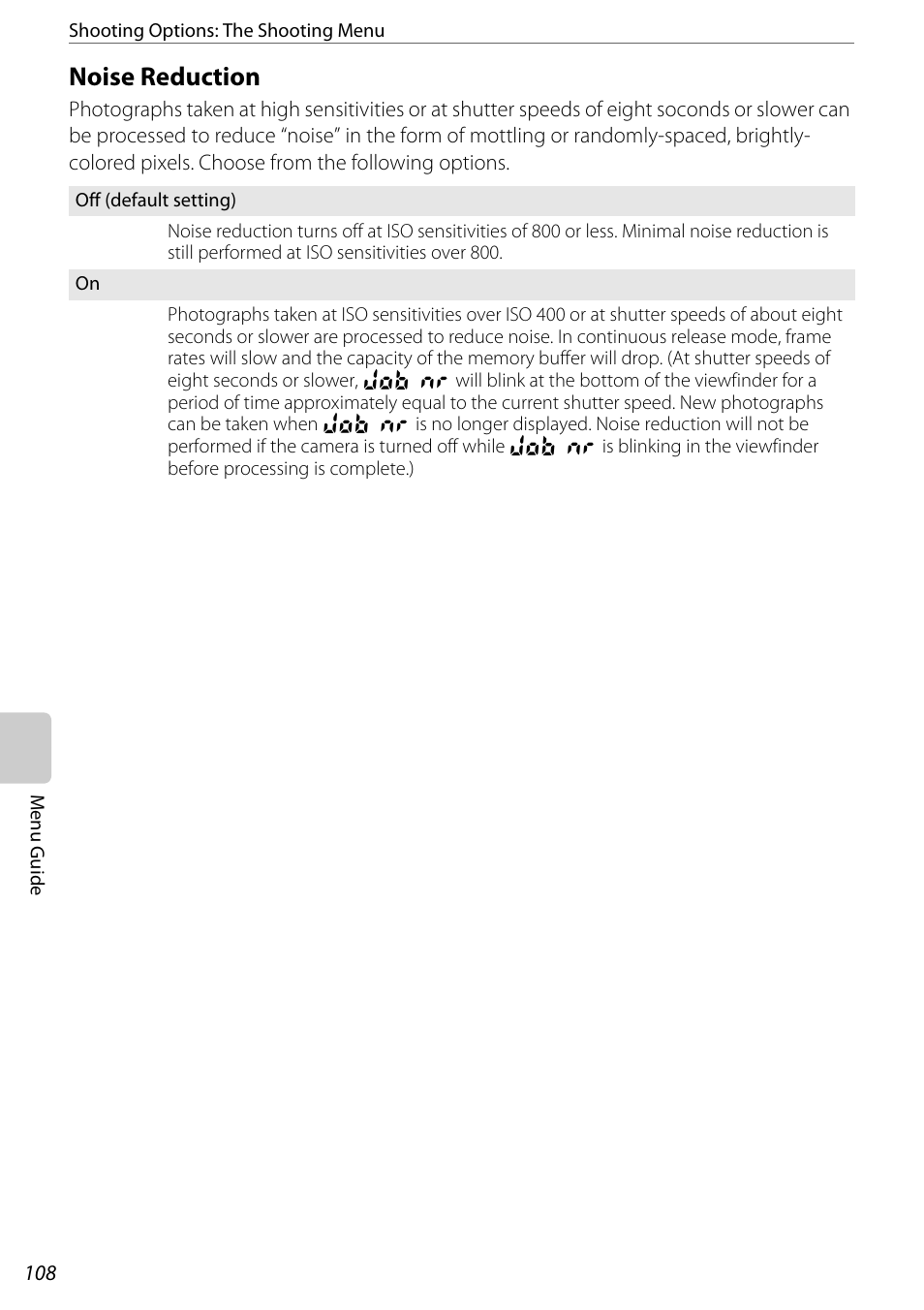 Noise reduction, A 108), Menu (a 108) | Noise reduction (a 108), A 108 | Nikon D60 User Manual | Page 120 / 204