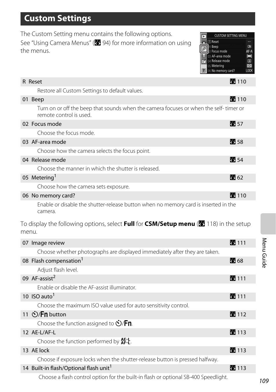 Custom settings, A 109), Tings menu (a 109) | C custom settings ( a 109), A 109 | Nikon D60 User Manual | Page 121 / 204