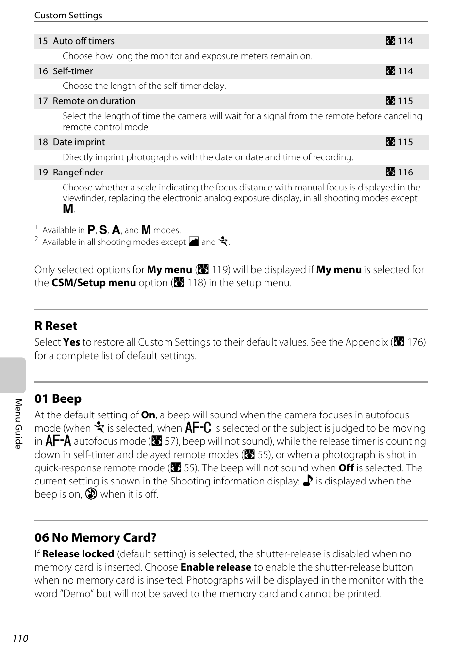 R reset, 01 beep, 06 no memory card | R reset 01 beep 06 no memory card, A 110), R reset (a 110) 01 beep (a 110), 06 no memory card? (a 110), A 110 | Nikon D60 User Manual | Page 122 / 204