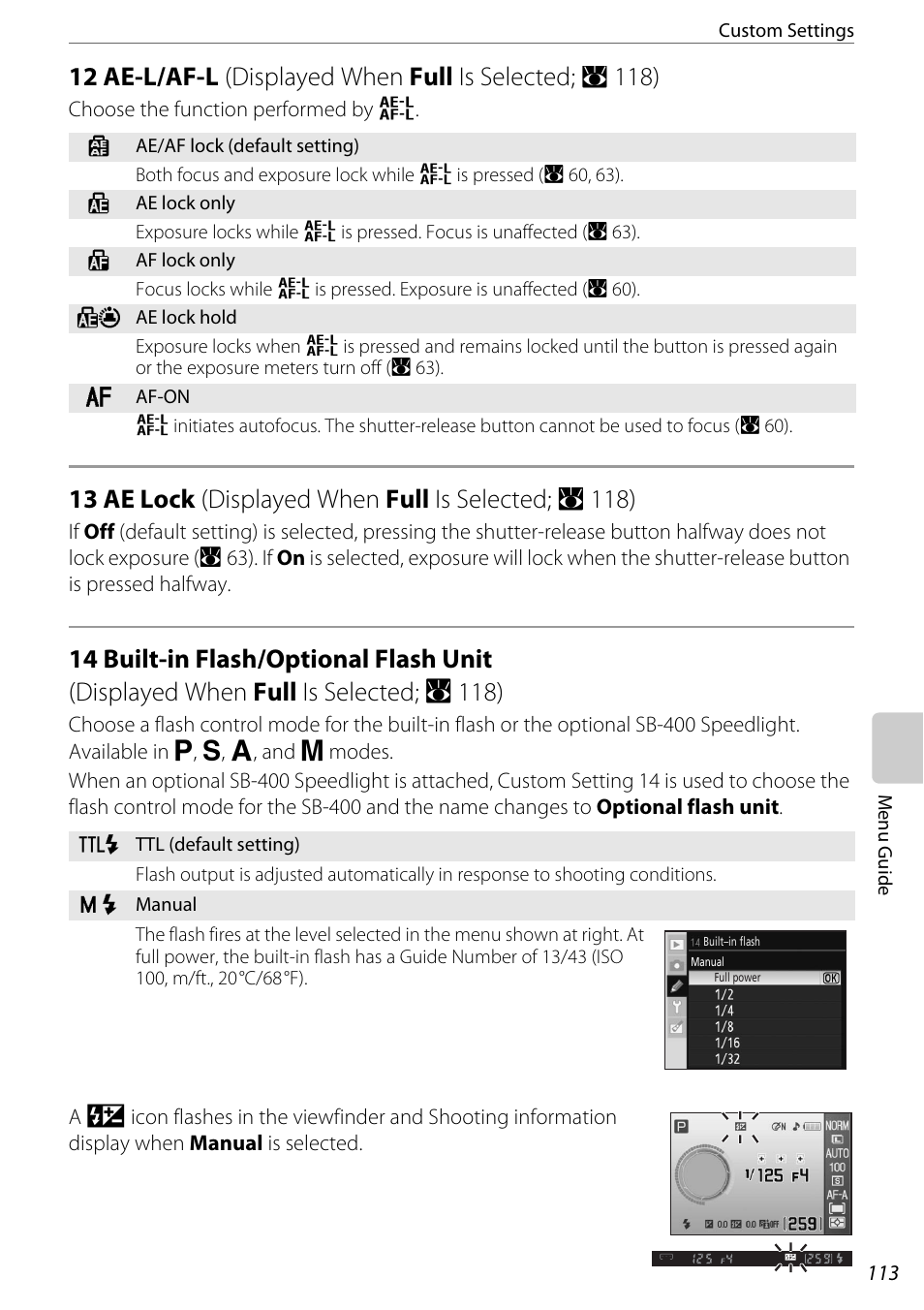 12 ae-l/af-l, 13 ae lock, 14 built-in flash/optional flash unit | A 113), A 113, Optional flash unit (a 113) | Nikon D60 User Manual | Page 125 / 204