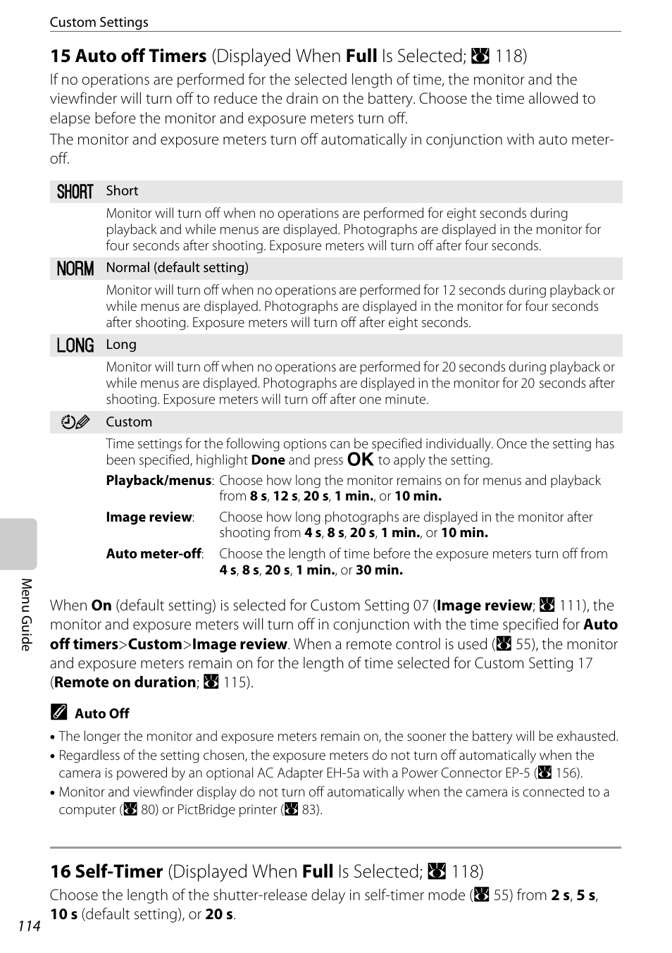 15 auto off timers, 16 self-timer, 15 auto off timers 16 self-timer | G (a 114), A 114). ex, A 114), 15 auto off timers (a 114) 16 self-timer (a 114), A 114, A 114). if, Displayed when full is selected; a 118) | Nikon D60 User Manual | Page 126 / 204