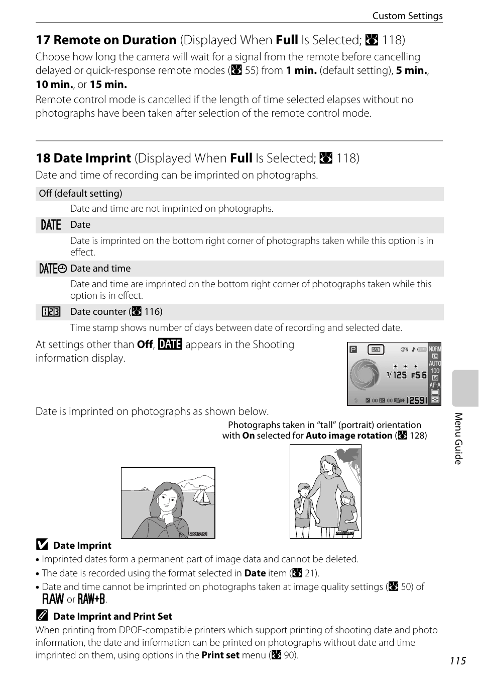 17 remote on duration, 18 date imprint, 17 remote on duration 18 date imprint | A 115) is enabled, th, A 115, A 115), Displayed when full is selected; a 118) | Nikon D60 User Manual | Page 127 / 204