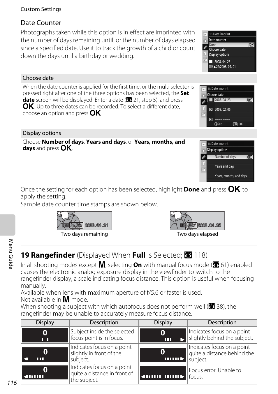 19 rangefinder, A 116) t, 19 rangefinder (a 116) | A 116, A 116), Displayed when full is selected; a 118), Date counter | Nikon D60 User Manual | Page 128 / 204