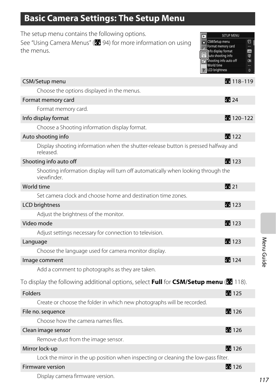 Basic camera settings: the setup menu, A 117), Basic camera settings: the setup menu ( a 117) | A 117 | Nikon D60 User Manual | Page 129 / 204