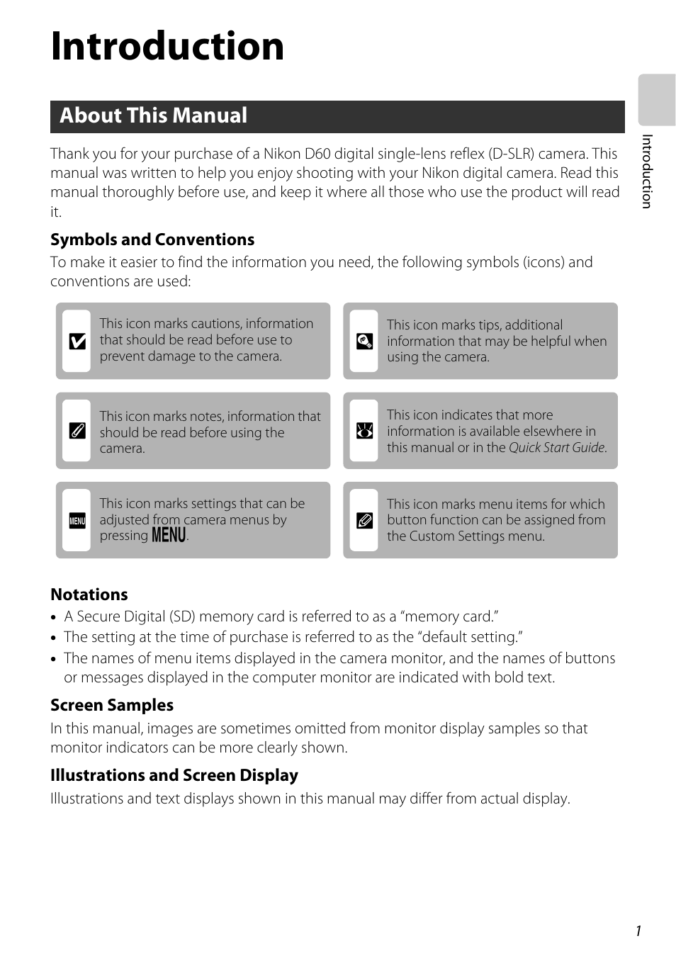 Introduction, About this manual | Nikon D60 User Manual | Page 13 / 204