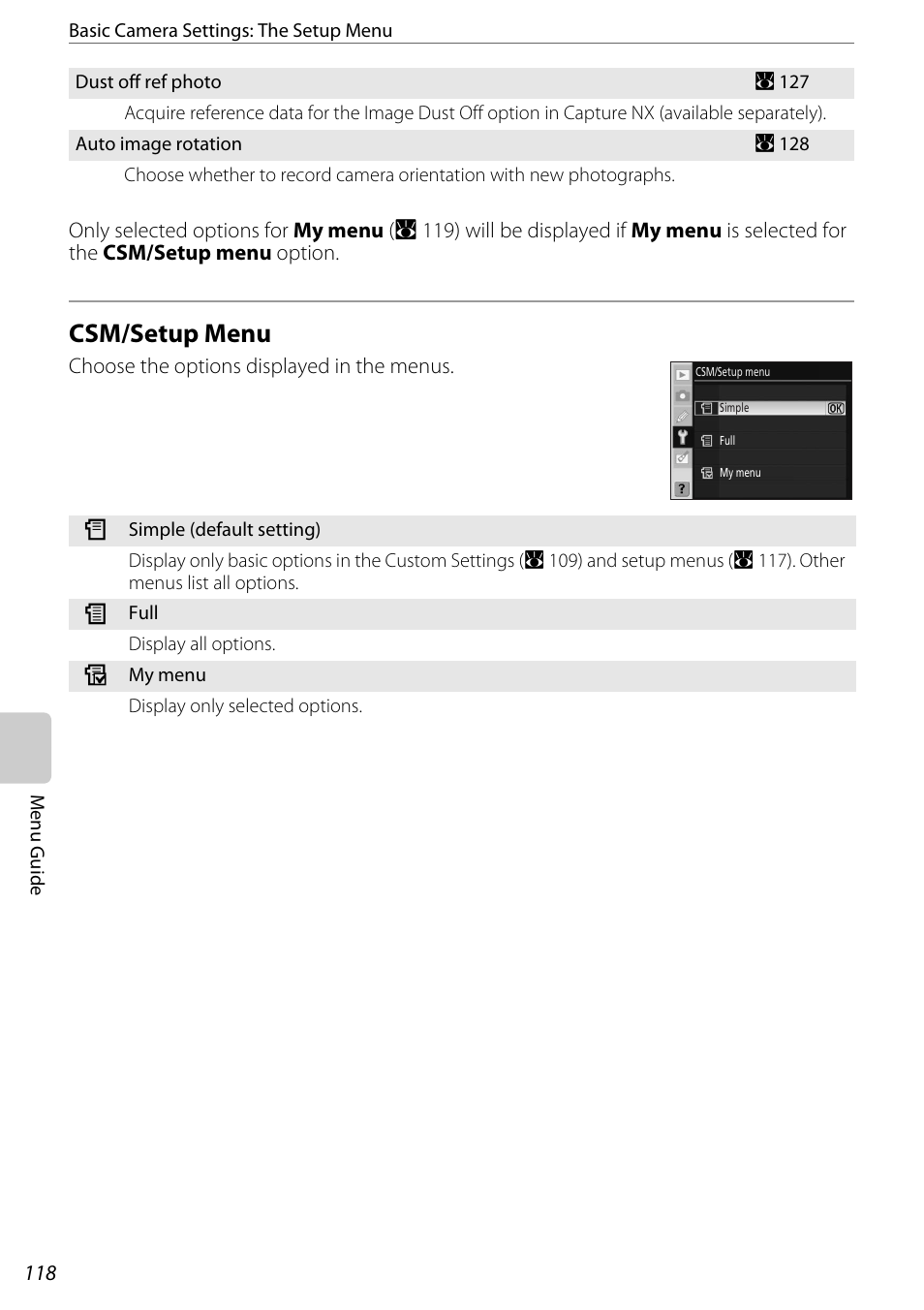 Csm/setup menu, Csm/setup menu (a 118), A 118 | A 118), Is selected; a 118) | Nikon D60 User Manual | Page 130 / 204