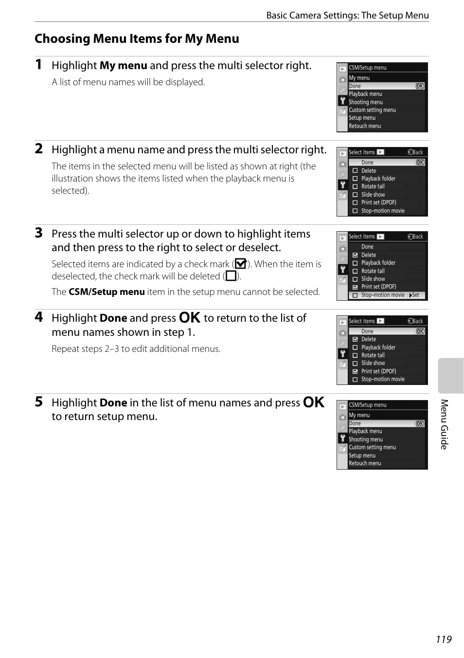 Choosing menu items for my menu, A 119), A 119 | Nikon D60 User Manual | Page 131 / 204