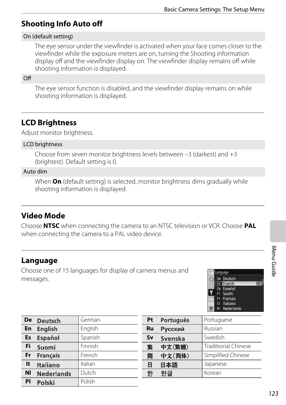 Shooting info auto off, Lcd brightness, Video mode | Language, A 123) i, A 123, Shooting info auto off (a 123), Shooting info auto off lcd brightness | Nikon D60 User Manual | Page 135 / 204