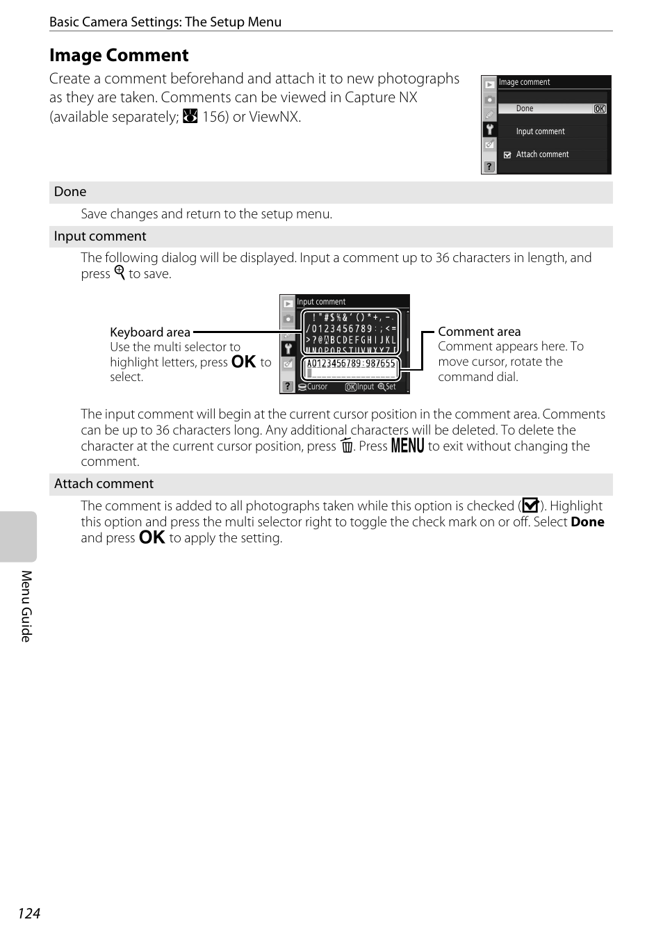 Image comment, Image comment (a 124), A 124 | Nikon D60 User Manual | Page 136 / 204