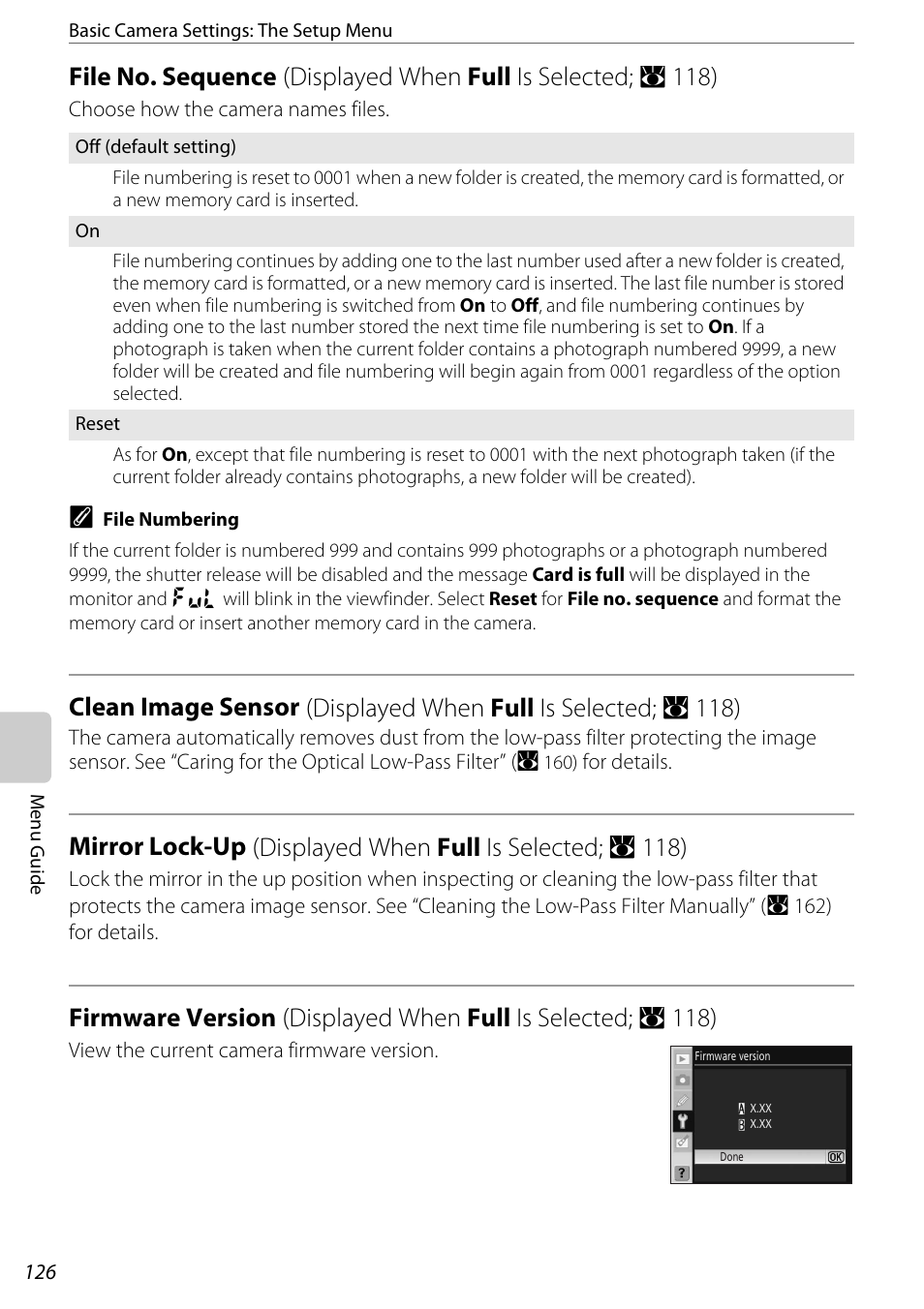 File no. sequence, Clean image sensor, Mirror lock-up | Firmware version, A 126), A 126, Displayed when full is selected; a 118) | Nikon D60 User Manual | Page 138 / 204