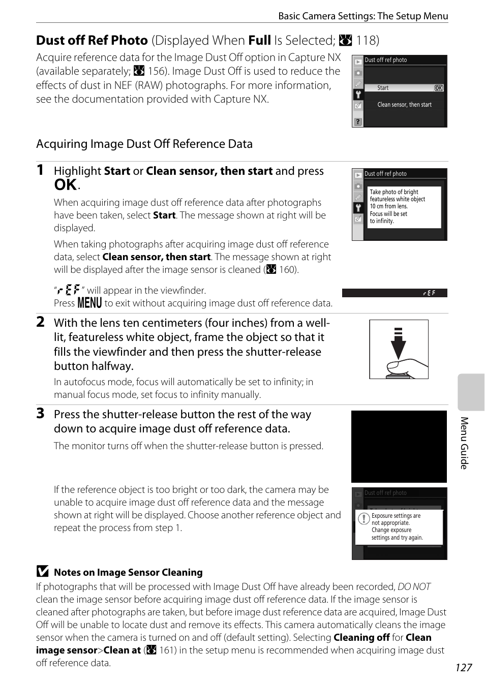 Dust off ref photo, A 127), Dust off ref photo (a 127) | A 127, Displayed when full is selected; a 118), Acquiring image dust off reference data | Nikon D60 User Manual | Page 139 / 204