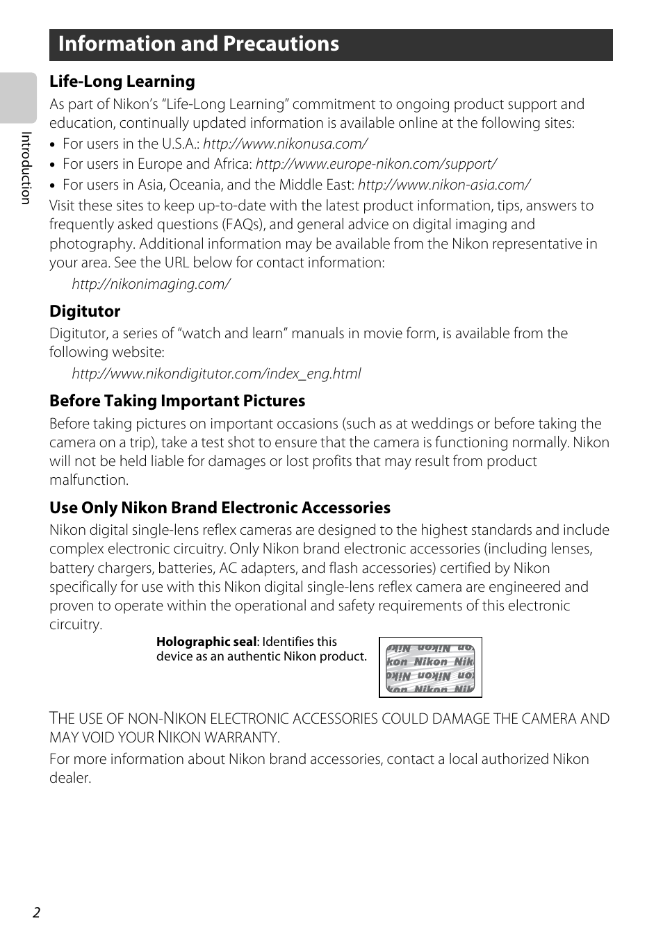 Information and precautions | Nikon D60 User Manual | Page 14 / 204