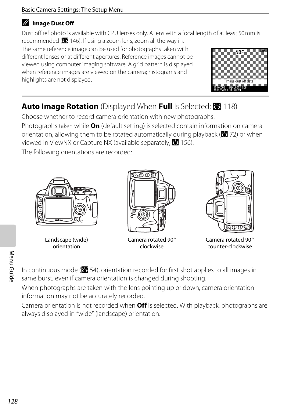 Auto image rotation, A 128), Auto image rotation (a 128) | A 128, Displayed when full is selected; a 118) | Nikon D60 User Manual | Page 140 / 204