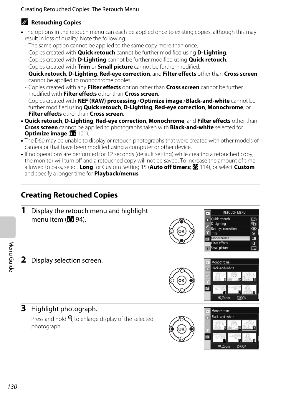 Creating retouched copies, Display selection screen, Highlight photograph | Nikon D60 User Manual | Page 142 / 204