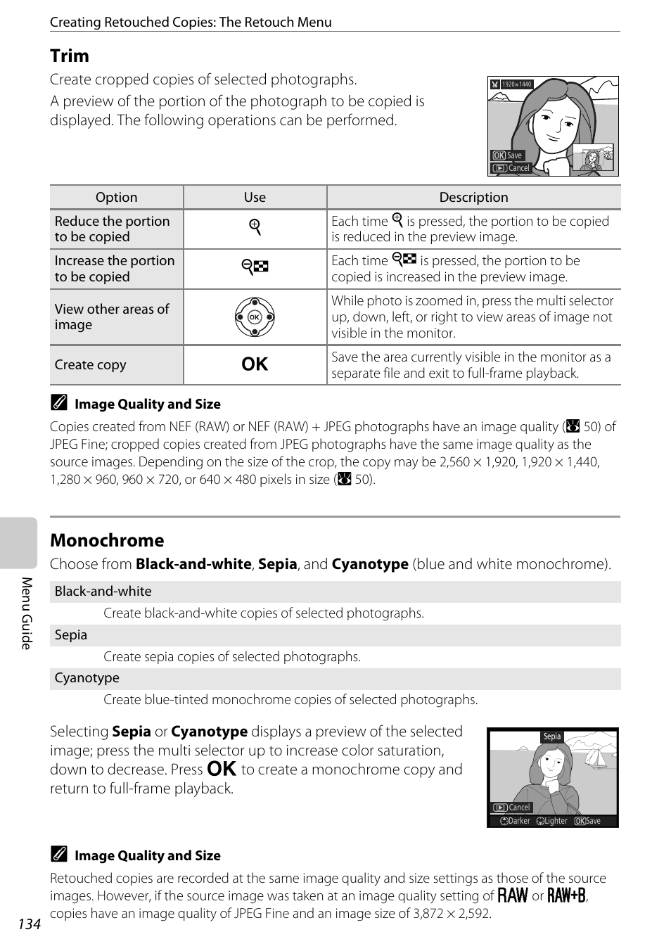 Trim, Monochrome, Trim monochrome | Trim (a 134) monochrome (a 134), A 134 | Nikon D60 User Manual | Page 146 / 204