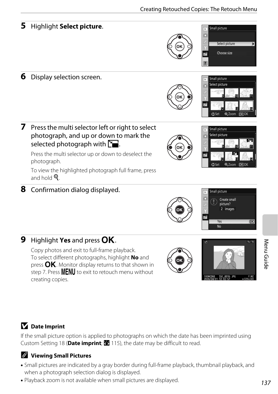 Highlight select picture, Display selection screen, Confirmation dialog displayed | Highlight yes and press q | Nikon D60 User Manual | Page 149 / 204