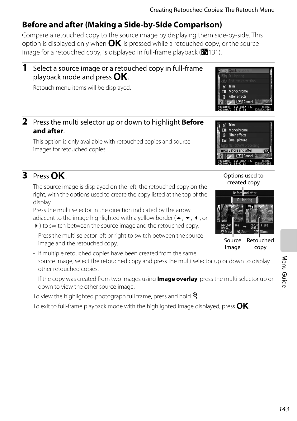 Before and after (a 143), A 143, Press q | Nikon D60 User Manual | Page 155 / 204