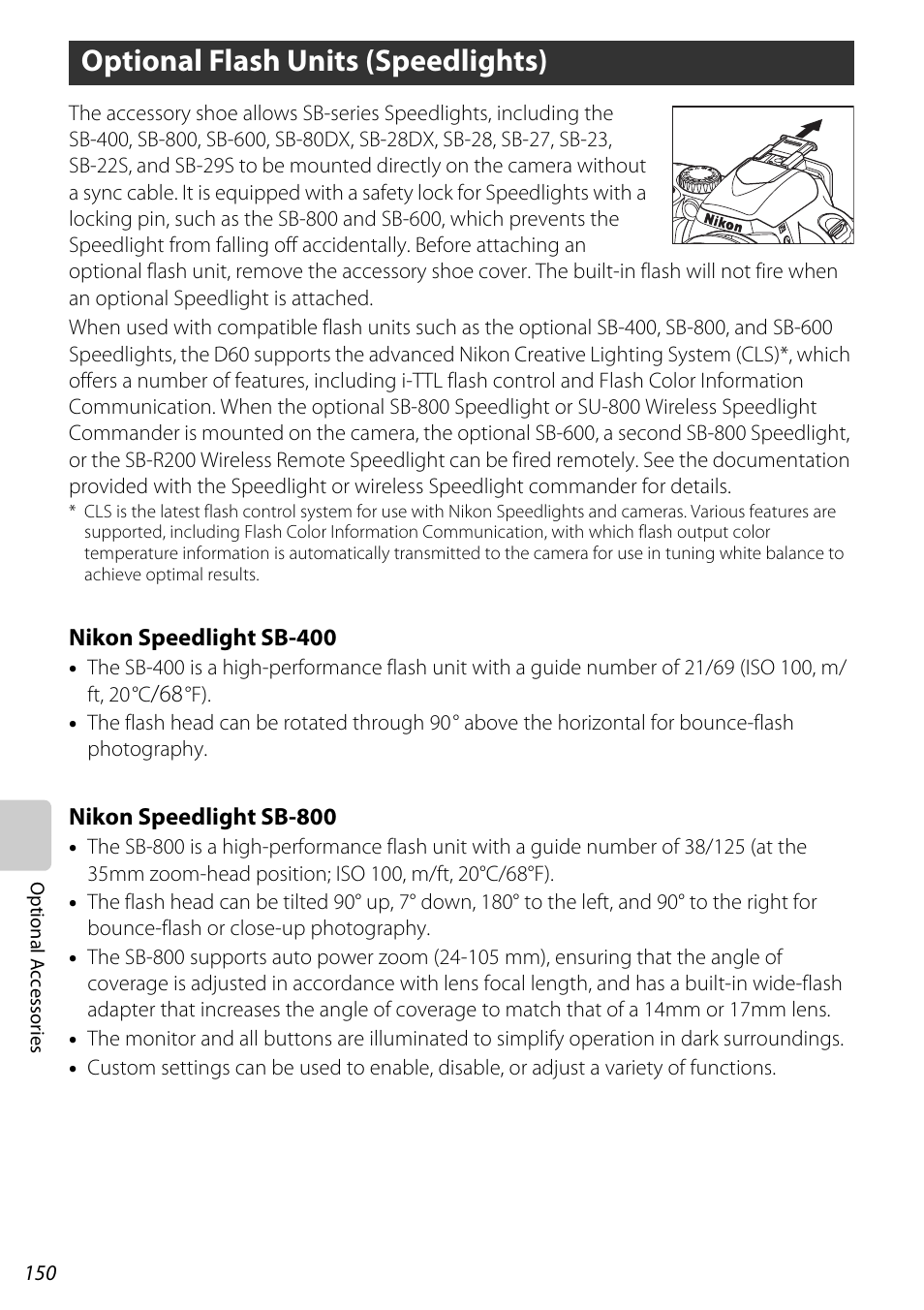 Optional flash units (speedlights), Ht (a 150), or by mounti, E “optional flash units (speedlights)” (a 150) | A 150), an, A 150), A 150 | Nikon D60 User Manual | Page 162 / 204