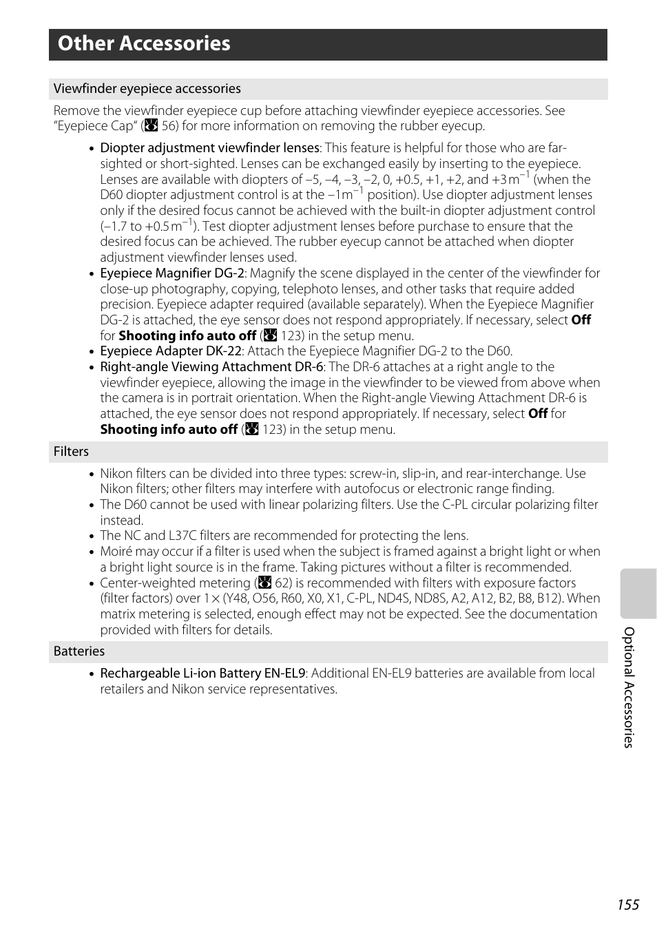 Other accessories, Viewfinder accessories (a 155), A 155) | A 155 | Nikon D60 User Manual | Page 167 / 204