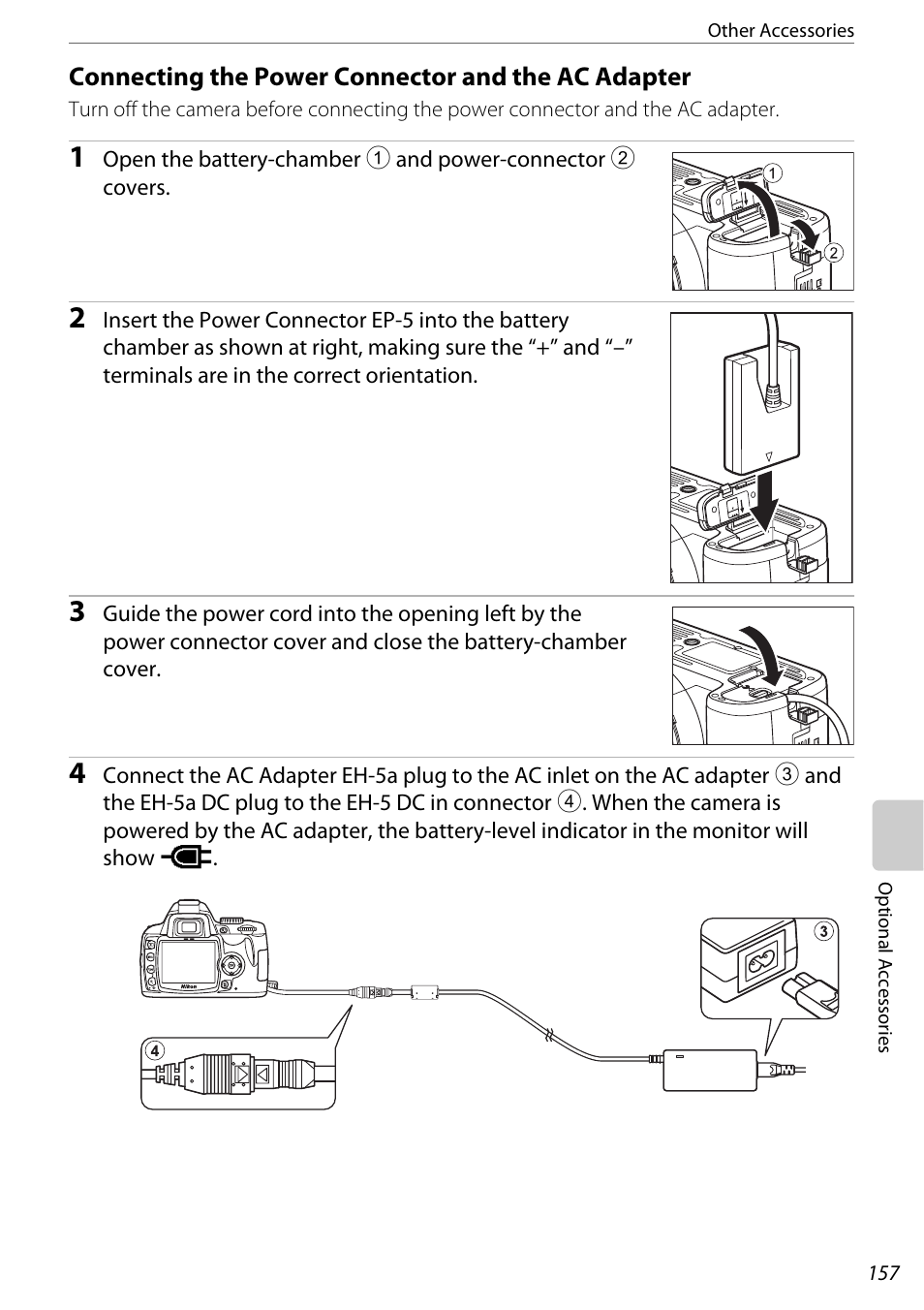 Connecting the power connector and the ac adapter | Nikon D60 User Manual | Page 169 / 204