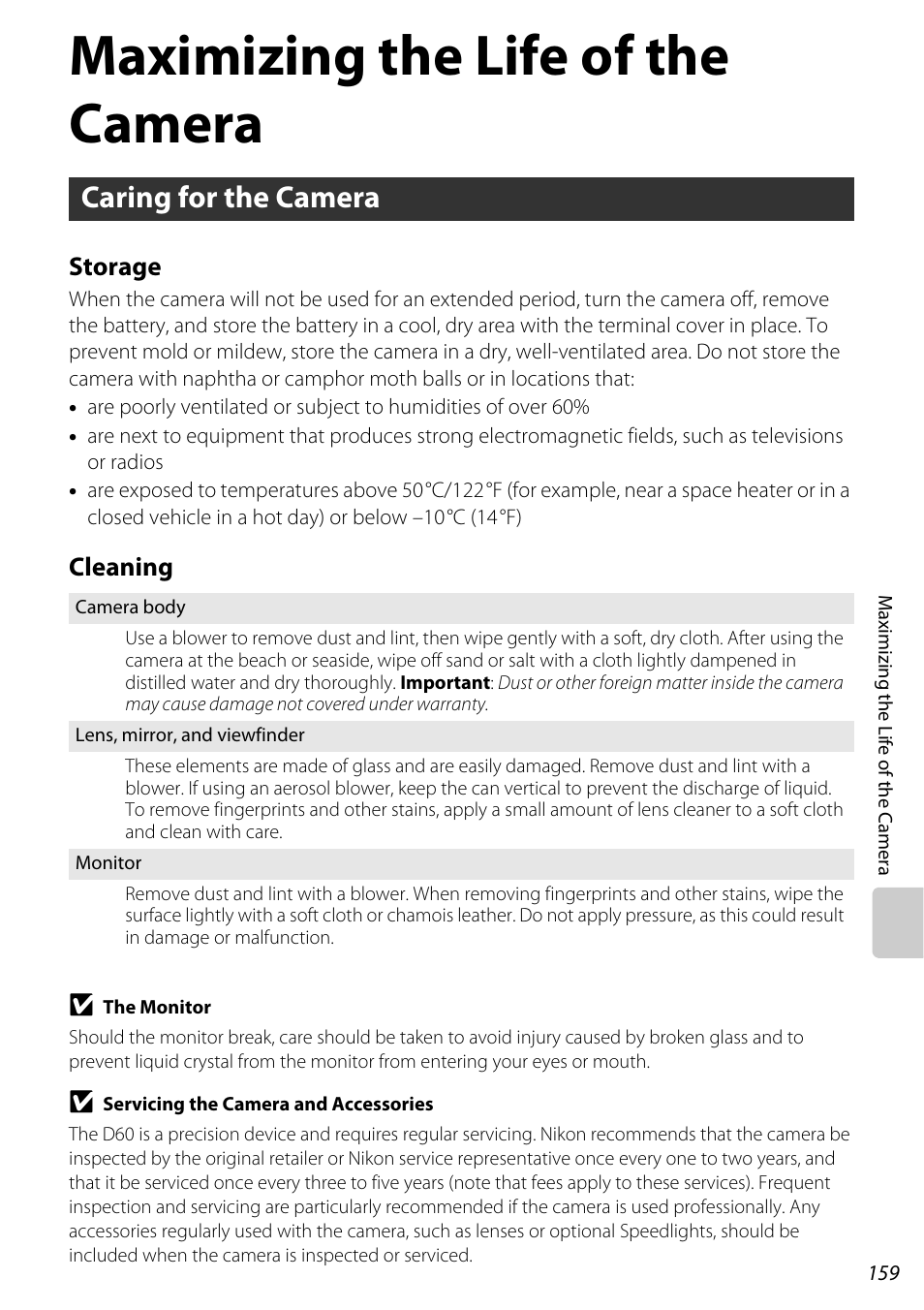 Maximizing the life of the camera, Caring for the camera, Storage | Cleaning, Storage cleaning | Nikon D60 User Manual | Page 171 / 204