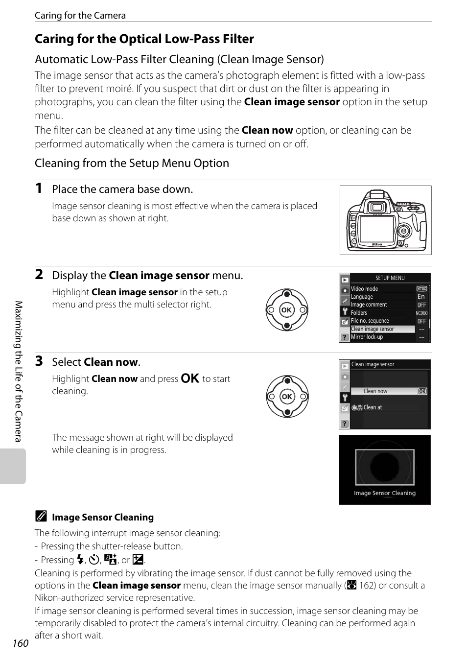 Caring for the optical low-pass filter, For details, A 160) | Cleaning from the setup menu option, Place the camera base down, Display the clean image sensor menu, Select clean now | Nikon D60 User Manual | Page 172 / 204