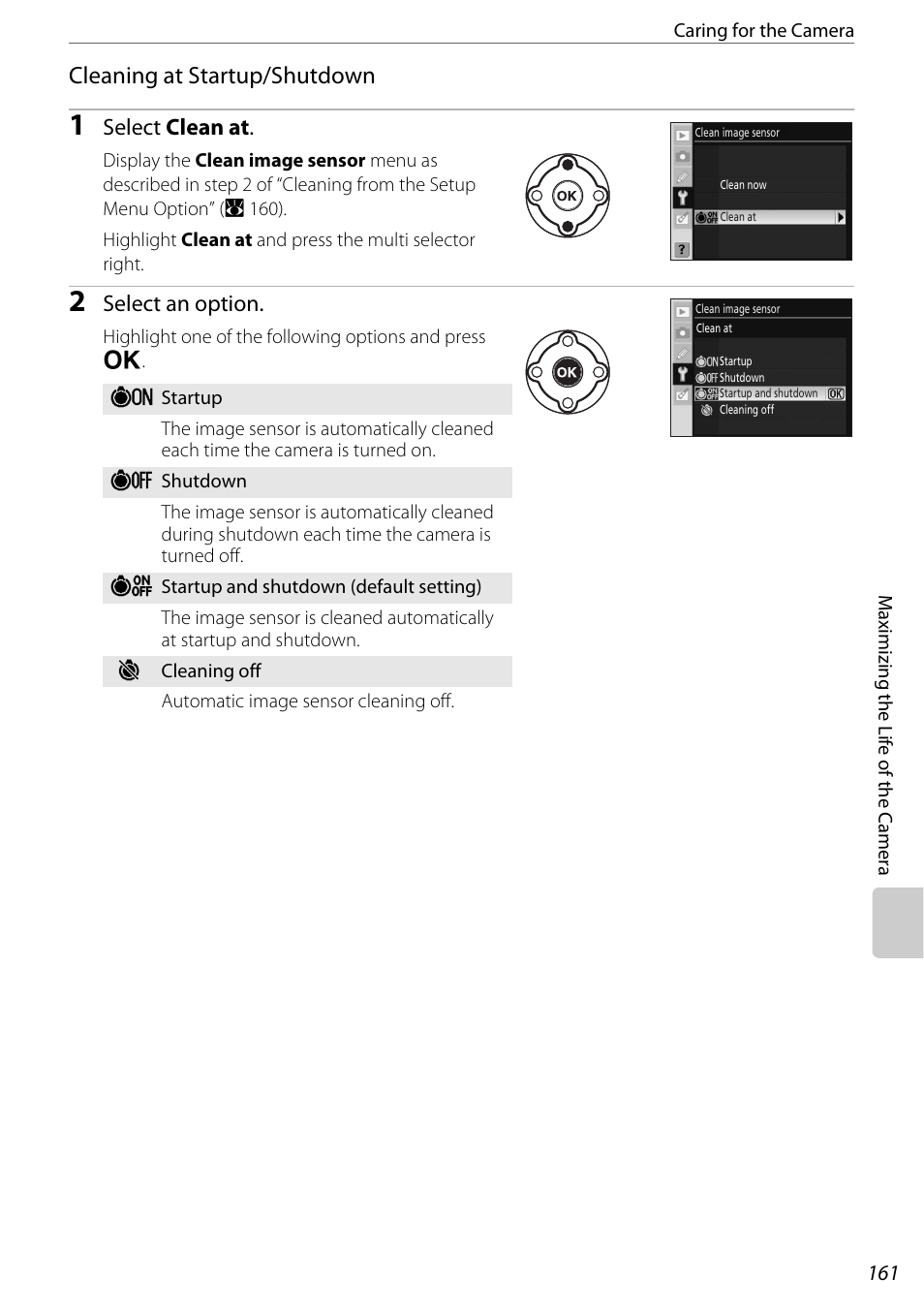 A 161), Cleaning at startup/shutdown, Select clean at | Select an option | Nikon D60 User Manual | Page 173 / 204