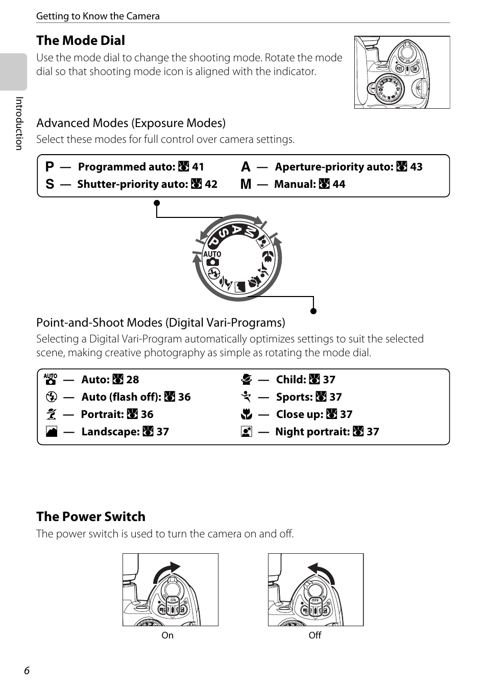 The mode dial, The power switch, The mode dial the power switch | Nikon D60 User Manual | Page 18 / 204