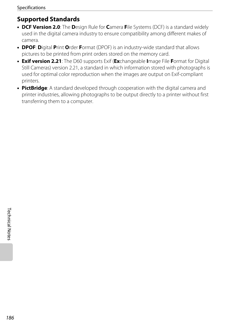 Supported standards, Supports dpof (a 186), ph, A 186), ph | A 186). wh | Nikon D60 User Manual | Page 198 / 204