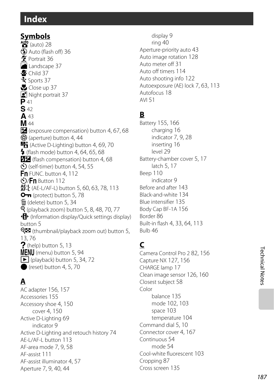 Index, Symbols | Nikon D60 User Manual | Page 199 / 204