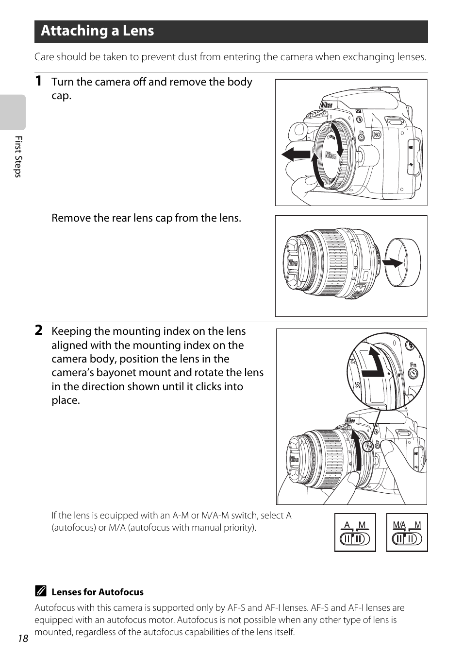 Attaching a lens, A 18 | Nikon D60 User Manual | Page 30 / 204