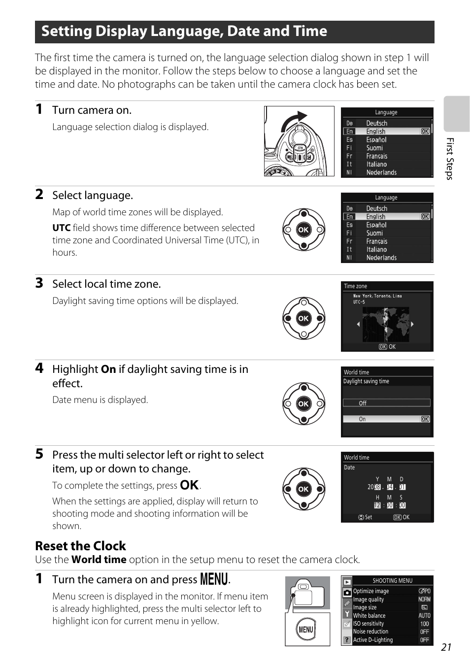 Setting display language, date and time, Reset the clock, A 21 | Turn camera on, Select language, Select local time zone, Highlight on if daylight saving time is in effect, Turn the camera on and press o | Nikon D60 User Manual | Page 33 / 204