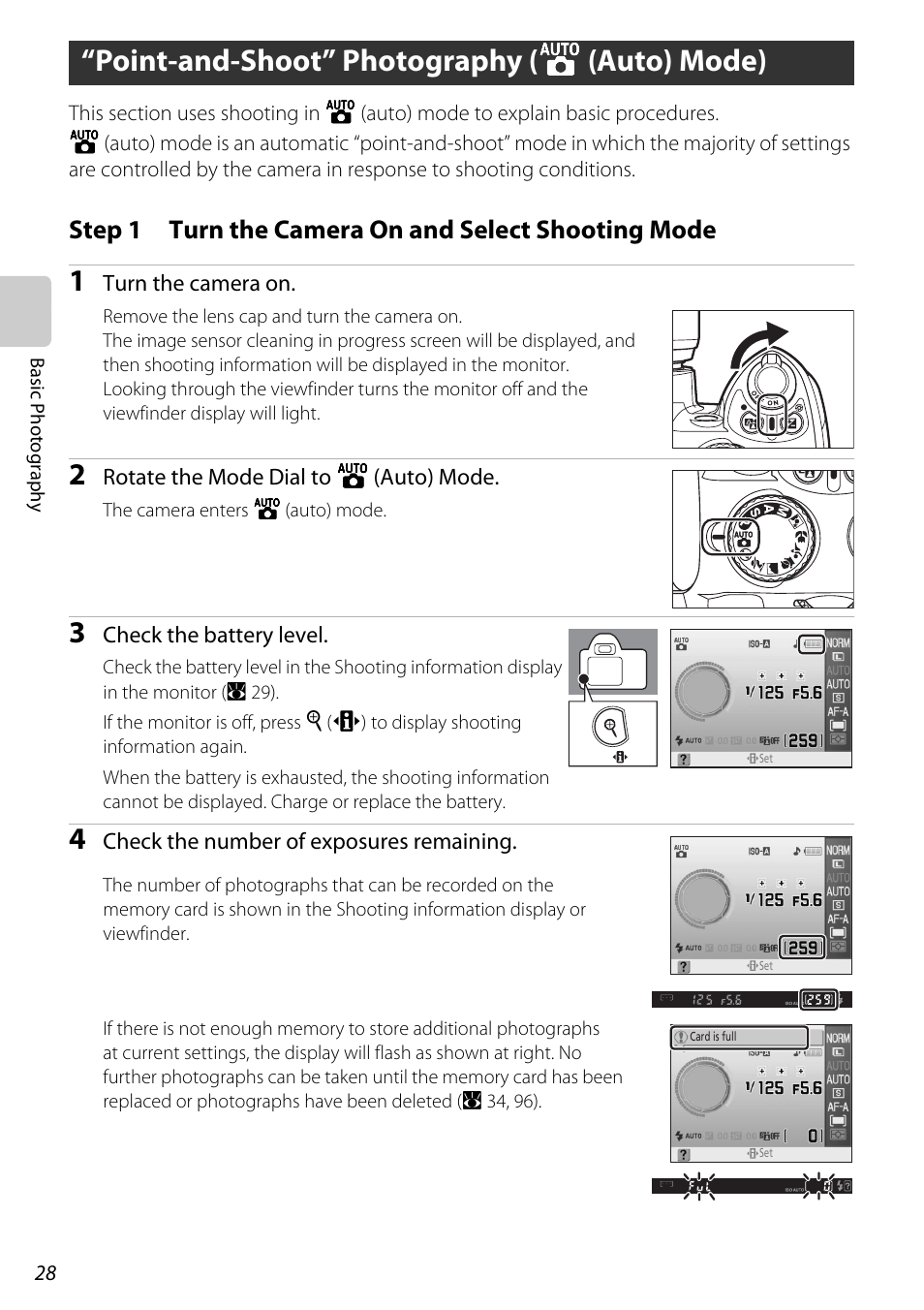Point-and-shoot” photography (auto mode), Step 1 turn the camera on and select shooting mode, Point-and-shoot” photography (e (auto) mode) | Step 1, Turn the camera on and select shooting mode, Point-and-shoot” photography ( e (auto) mode) | Nikon D60 User Manual | Page 40 / 204