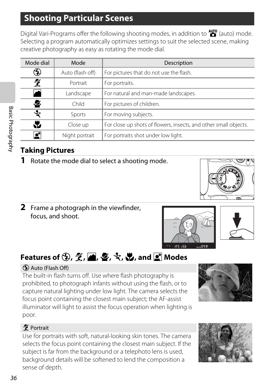 Shooting particular scenes, Taking pictures, Features | Mode (a 36) to prevent, Features of f , g , h , i , j , k , and l modes | Nikon D60 User Manual | Page 48 / 204