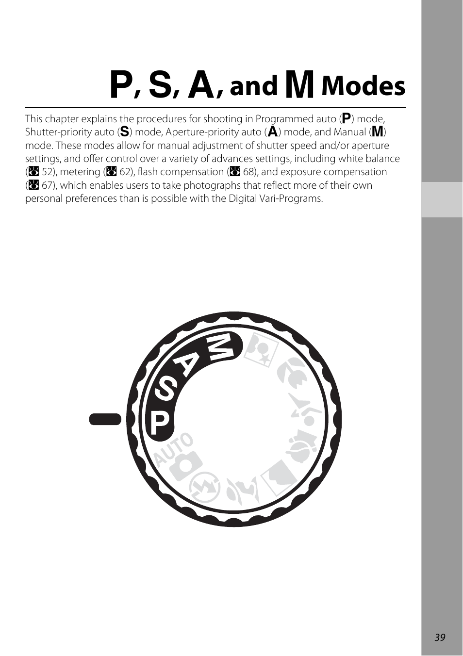 P, s, a, and m modes, A , b , c , and d modes | Nikon D60 User Manual | Page 51 / 204