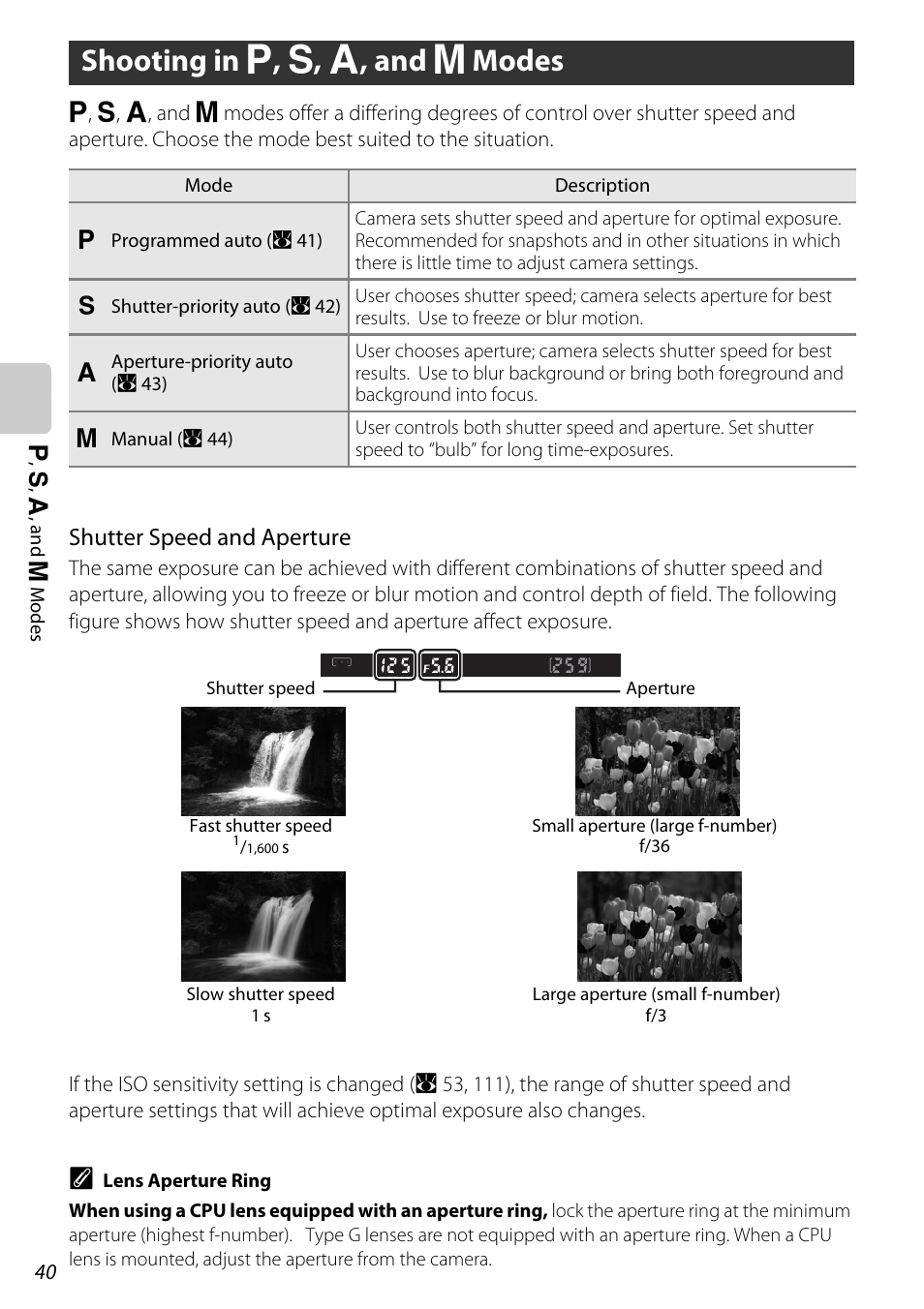 Shooting in p, s, a, and m modes, Shooting in a, b, c, and d modes, Shooting in a , b , c , and d modes | Shutter speed and aperture | Nikon D60 User Manual | Page 52 / 204