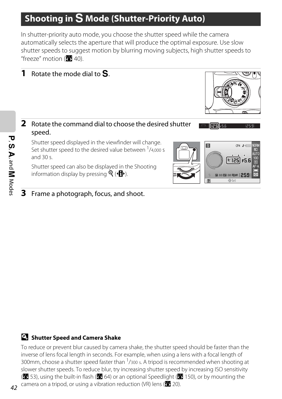 Shooting in s mode (shutter-priority auto), Shooting in b mode (shutter-priority auto), Modes; a 42, 44) | A 42) | Nikon D60 User Manual | Page 54 / 204