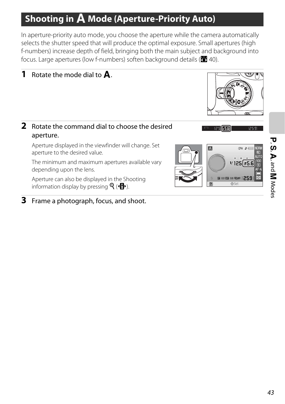 Shooting in a mode (aperture-priority auto), Shooting in c mode (aperture-priority auto), A 43) | Nikon D60 User Manual | Page 55 / 204