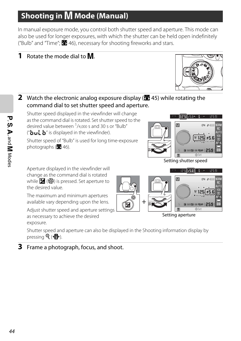 Shooting in m mode (manual), Shooting in d mode (manual), A 44) | Nikon D60 User Manual | Page 56 / 204