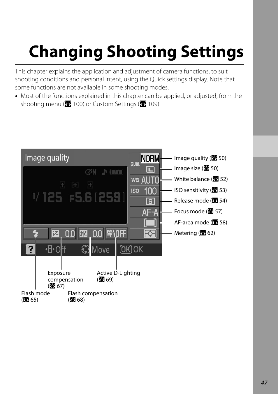Changing shooting settings, Ok image quality off move | Nikon D60 User Manual | Page 59 / 204