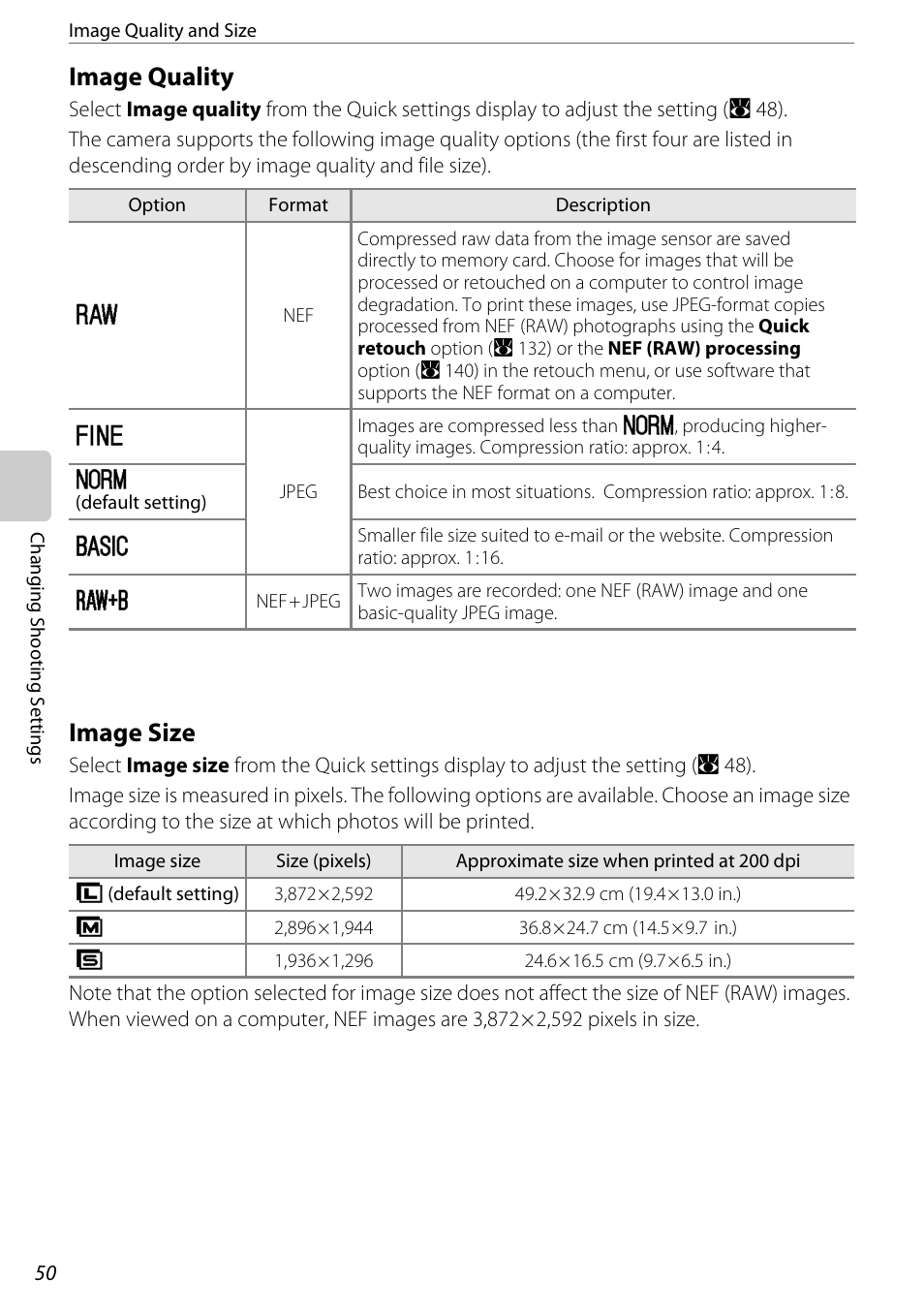 Image quality, Image size, Image quality image size | A 50), A 50), a | Nikon D60 User Manual | Page 62 / 204