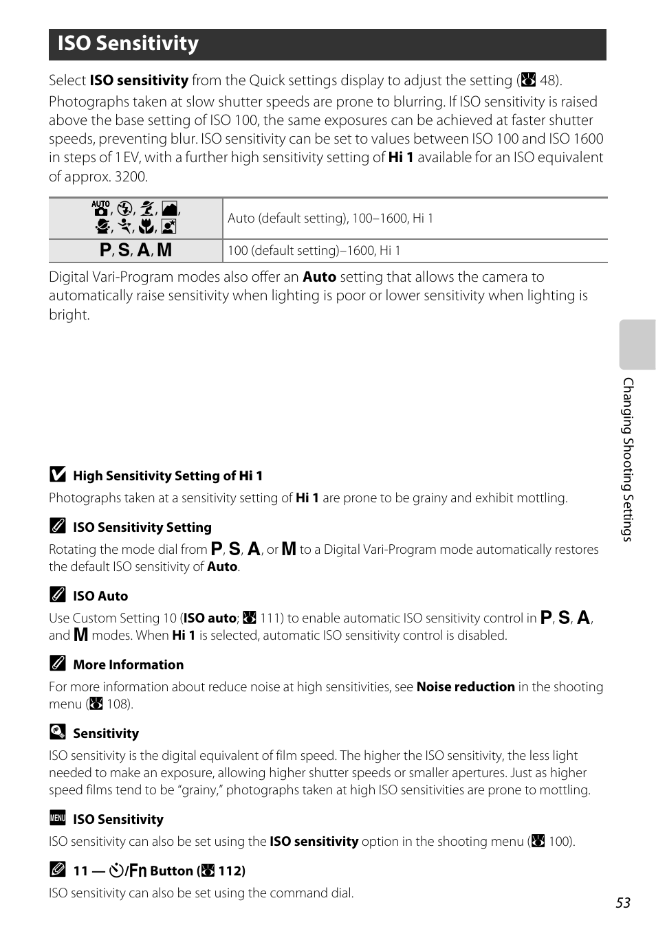 Iso sensitivity, A 53, Is changed (a 53 | A 53), usin, A 53) | Nikon D60 User Manual | Page 65 / 204