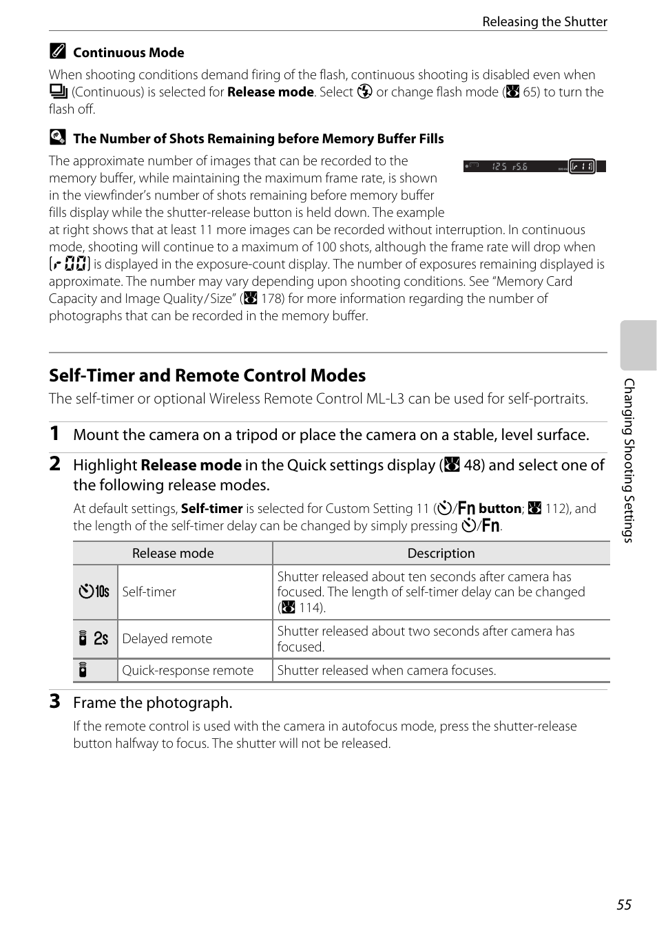 Self-timer and remote control modes, A 55 | Nikon D60 User Manual | Page 67 / 204
