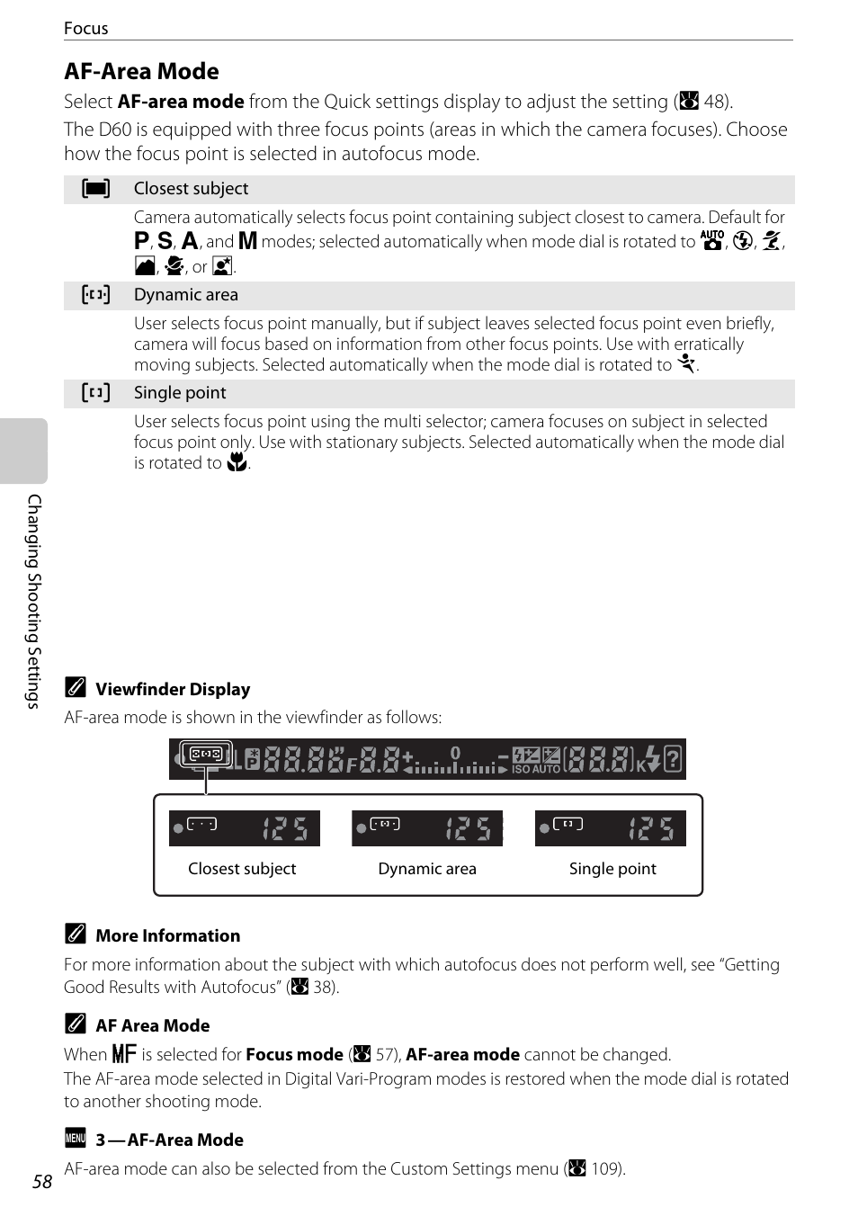 Af-area mode, Mode; a 58, A 58 | Nikon D60 User Manual | Page 70 / 204